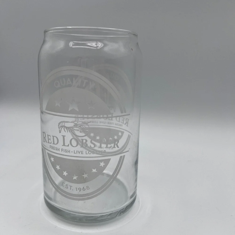 Red Lobster Can shaped Glass Etched Logo 1968 Barware